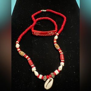 New from Hawaii, Hawaiian necklace and bracelet Red, Beads, Shells